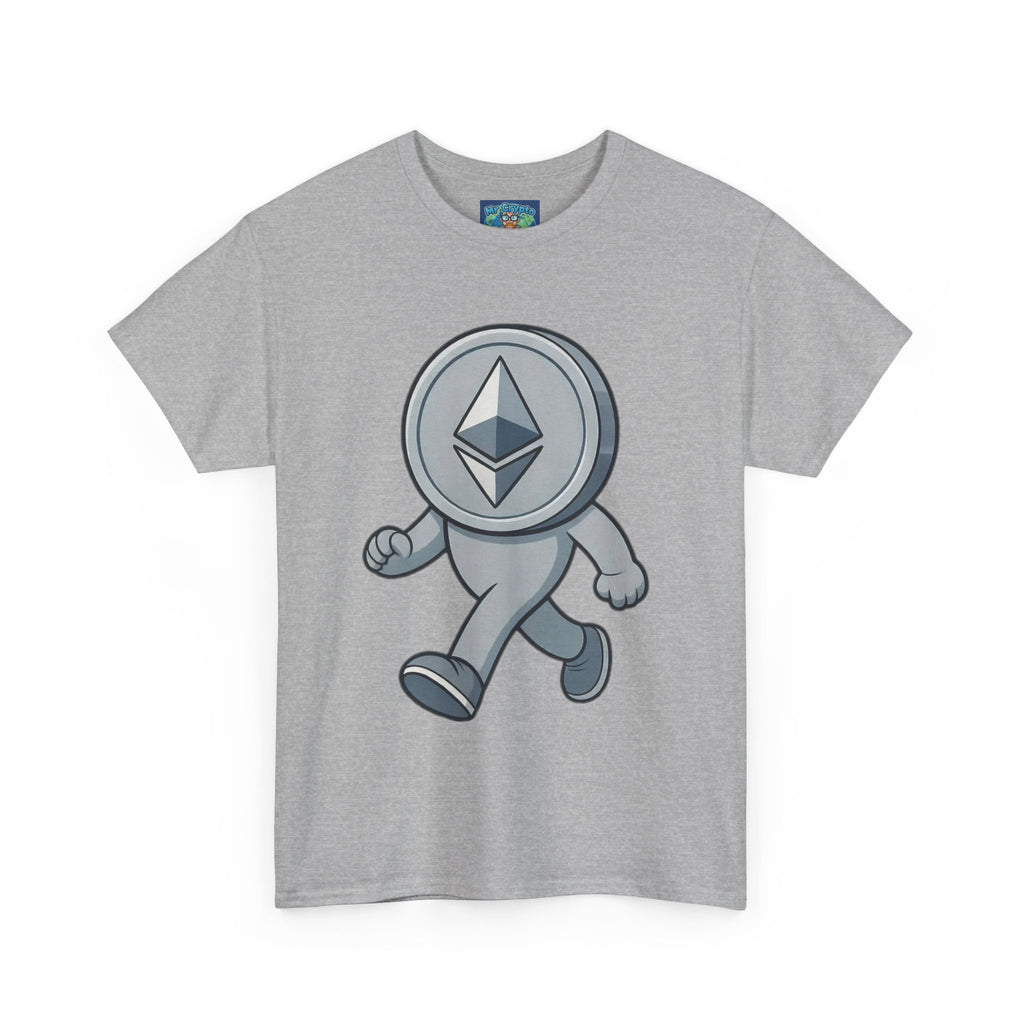 Ethereum Coin Mascot T-Shirt — Walking Crypto Logo Tee for Blockchain Fans