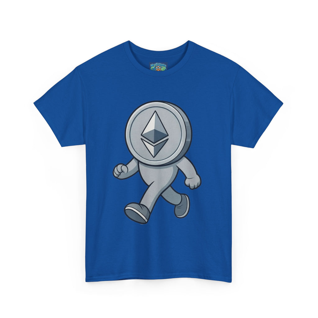 Ethereum Coin Mascot T-Shirt — Walking Crypto Logo Tee for Blockchain Fans